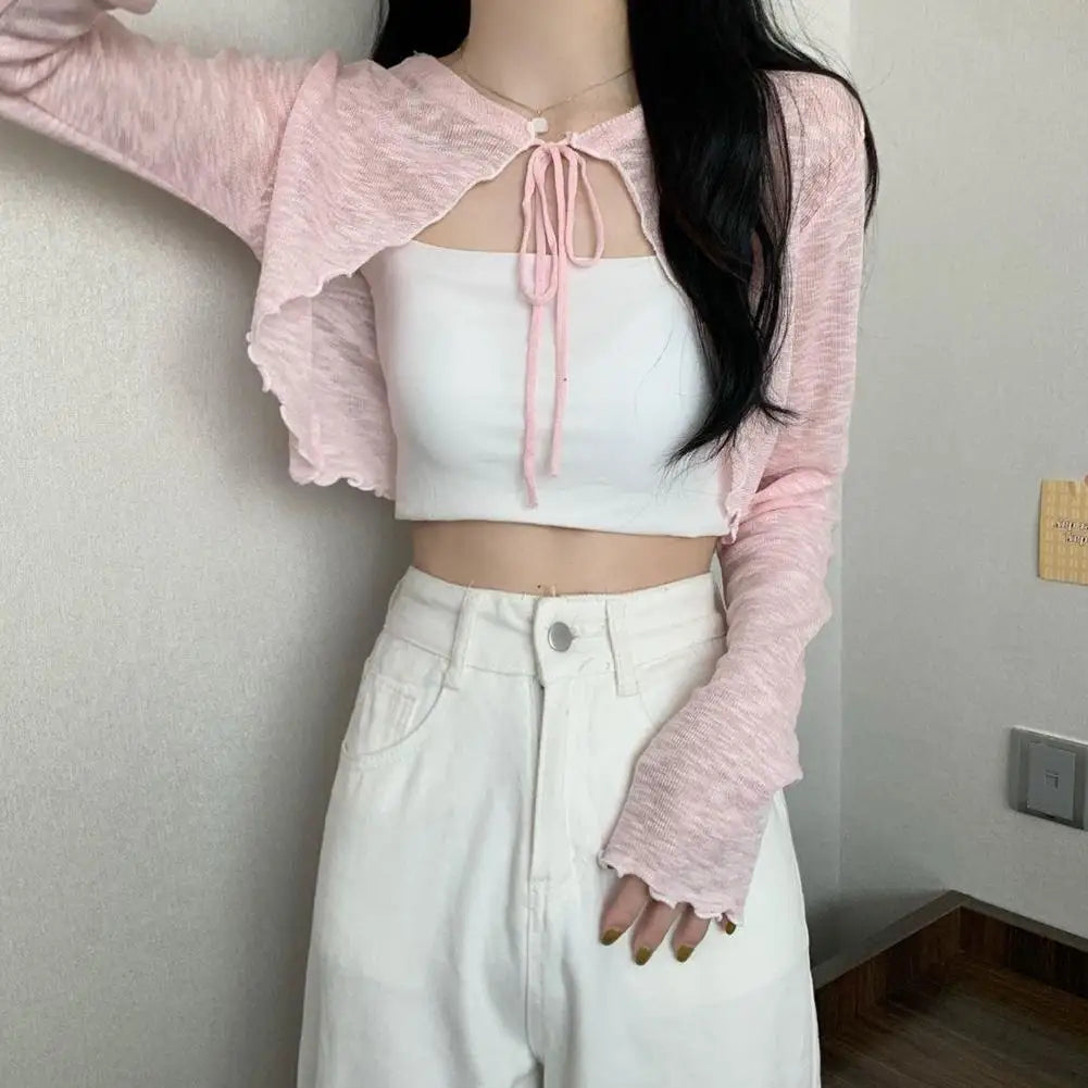 Summer Women Thin Sunscreen Cardigan Lace-up Knitwear Tops Female