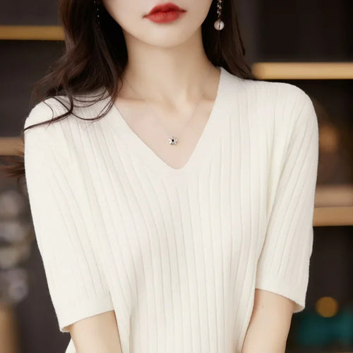 Women Sweater Short Sleeve V-neck Stripe Knitwears Slim Fit Shirt