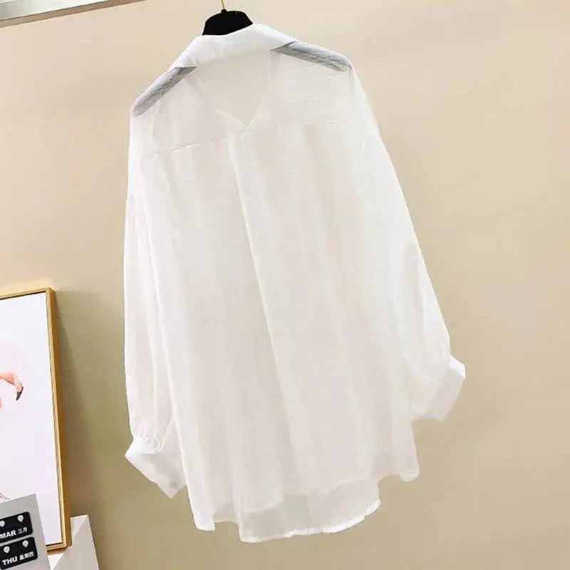 Summer Sunscreen Shirt Elegant Perspective Thin Chiffon Blouse Korean