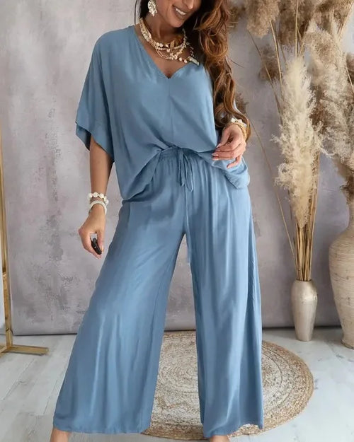 Summer Casual Loose Two Piece Set Women Fashion V-neck Pants Sets