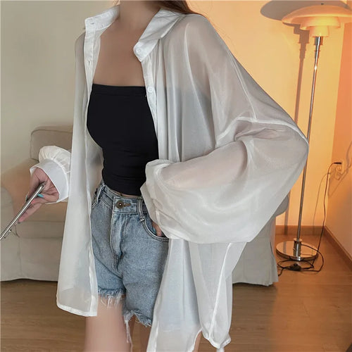 Semi Sheer Long Sleeve Shirt for Women Shimmer Button Down Collared