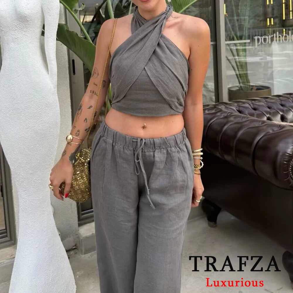 TRAFZA Streetwear Khaki Suits Women Sleeveless Halter Sexy Crop Tops