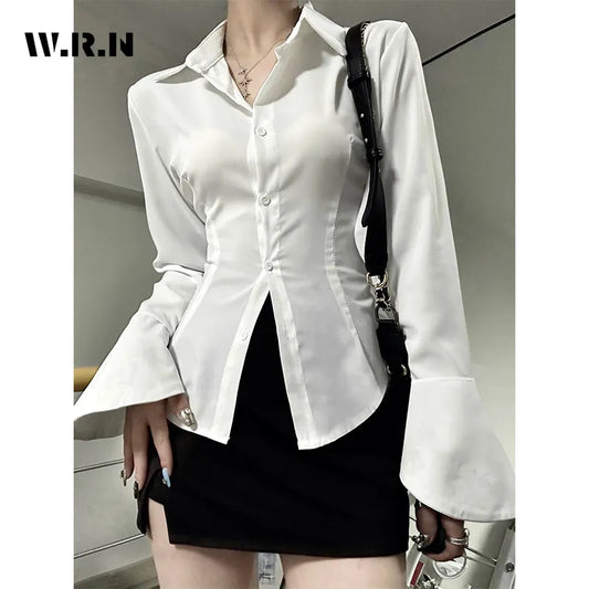 Women Sexy Solid Color Slim Chiffon Shirt Turn-down Collar Flare