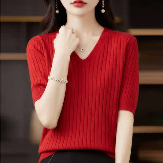 Women Sweater Short Sleeve V-neck Stripe Knitwears Slim Fit Shirt