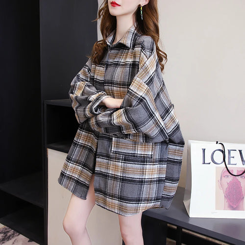 Plaid Shirt Women Autumn Long Sleeve Top Female Vintage Fashion Single