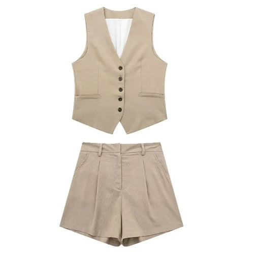 TRAF Women Elegant Solid Waistcoat Shorts Set 2024 Sleeveless Vest