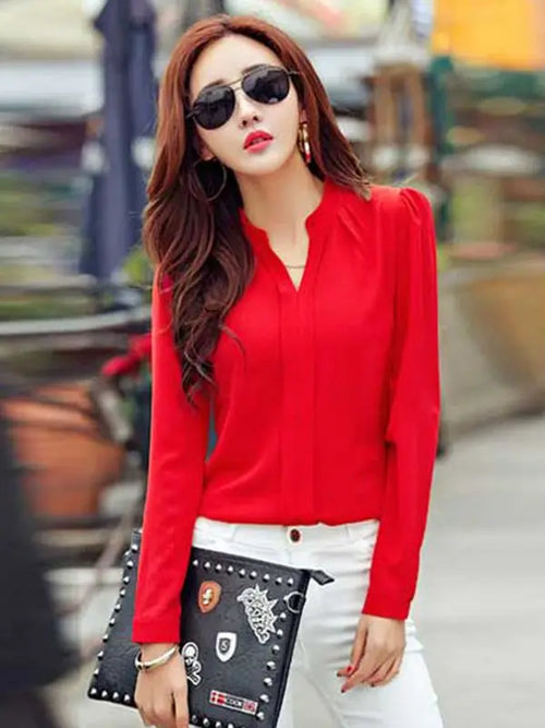 Long Sleeve Shirt Women Autumn Clothing Fashion Slim Chiffon Blouse V