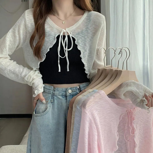 Summer Women Thin Sunscreen Cardigan Lace-up Knitwear Tops Female