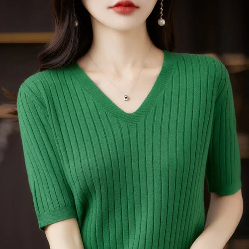 Women Sweater Short Sleeve V-neck Stripe Knitwears Slim Fit Shirt