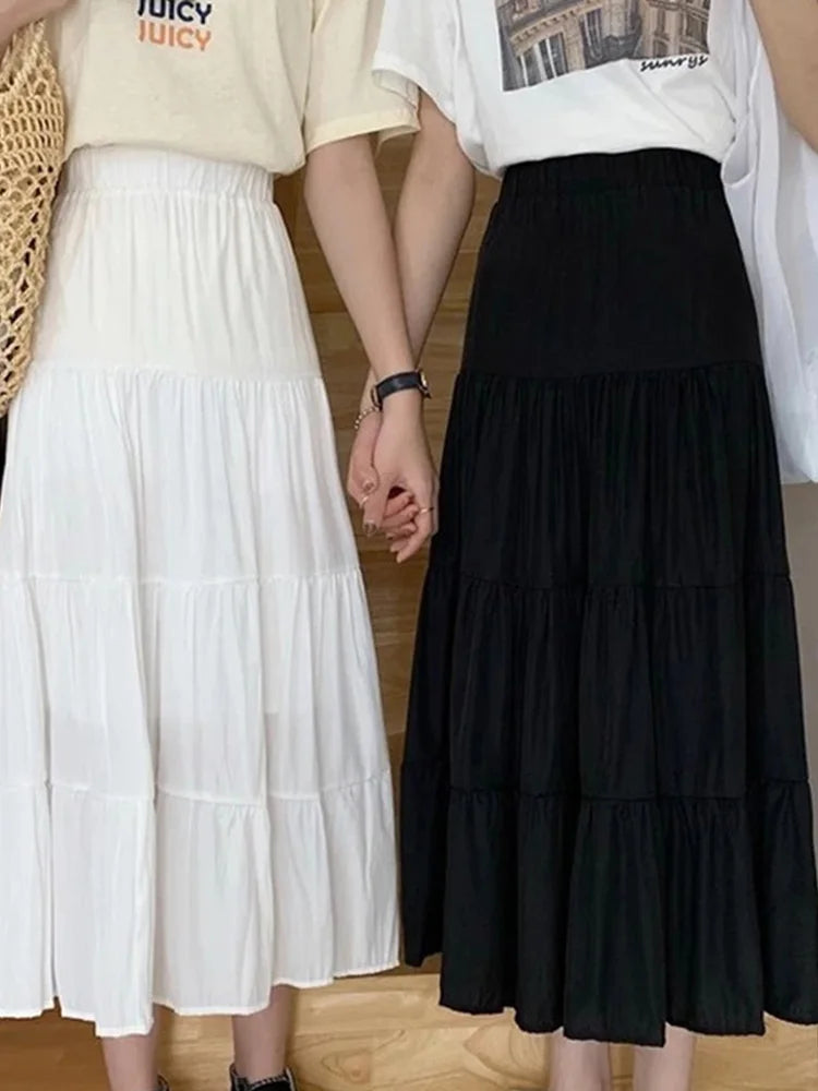 Spring Summer Women Chiffon Skirts Vintage High Waist Elastic