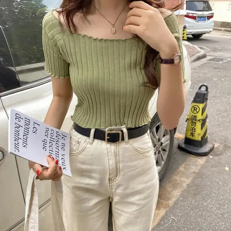 1pc Summer Korea Design Sexy Style Off Shoulder Shirt Fashion Solid