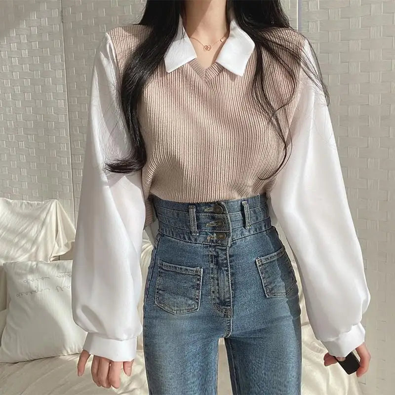 Summer Blouse Women Korean Style False Two-piece Polo Collar Blouses