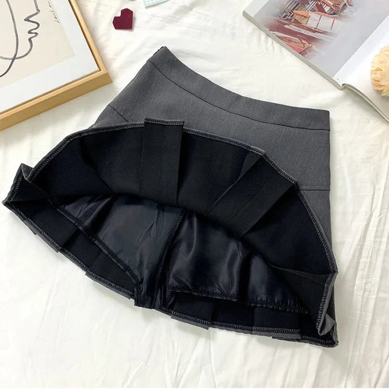 Vintage Gray Pleated Skirt Women Kawaii High Waist Mini Skirts Korean