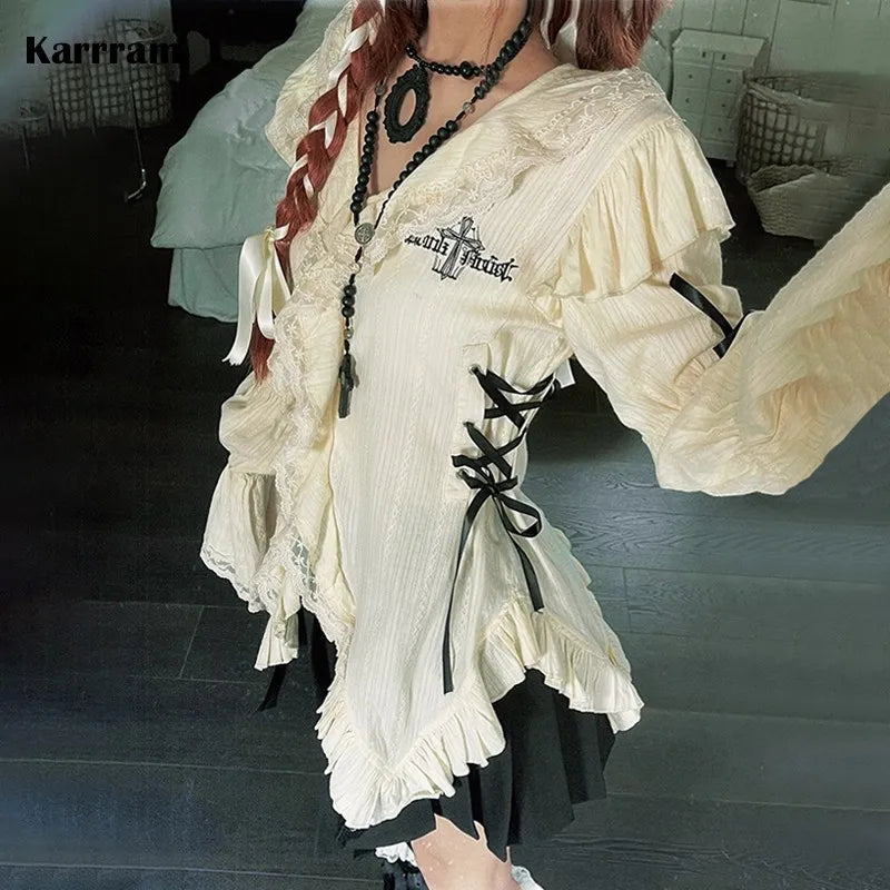 Karrram Y2k Aesthetics Lace Shirt Grunge Gothic Irregular Blouses