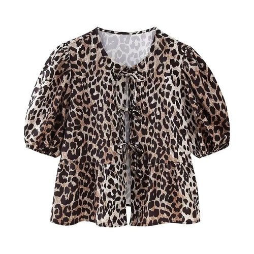 Summer Shirt With Strap Lace-up Leopard Blouse Puff Sleeve Crop Top