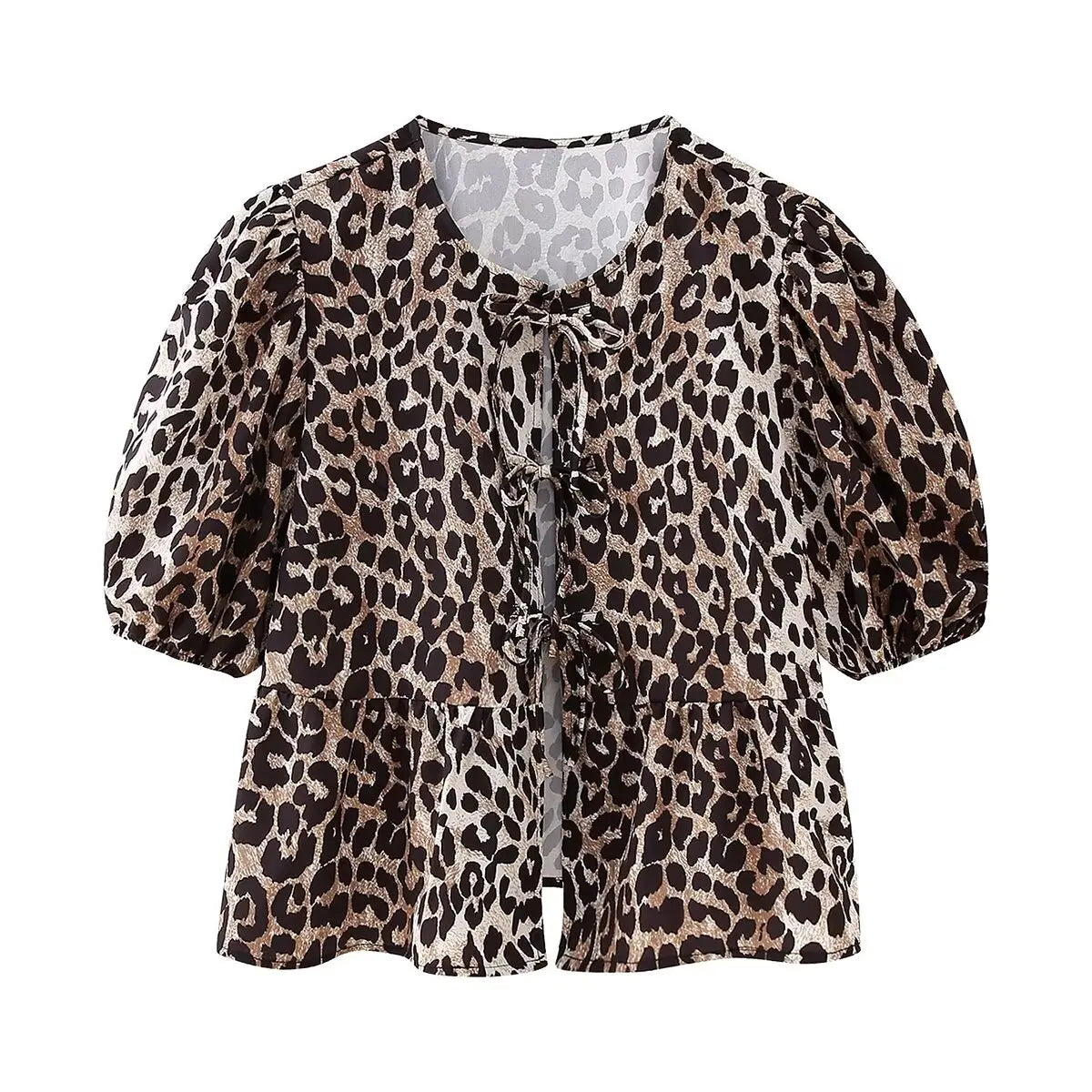 Summer Shirt With Strap Lace-up Leopard Blouse Puff Sleeve Crop Top