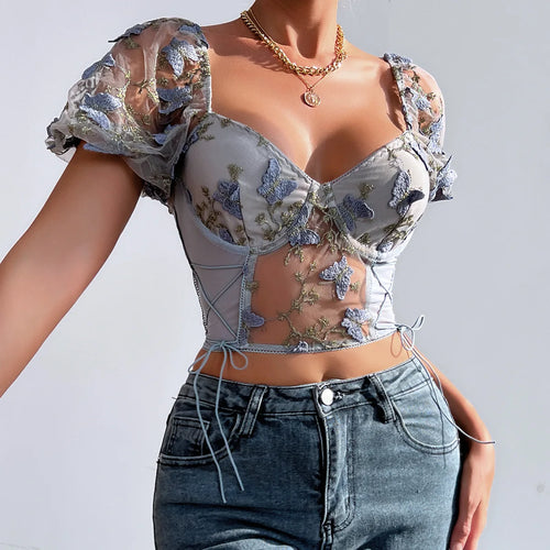 Yimunancy Puff Sleeve Crop Top Women Short Sleeve Mesh Patchwork Boho