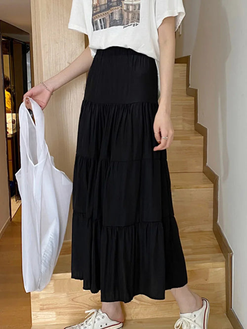 Spring Summer Women Chiffon Skirts Vintage High Waist Elastic