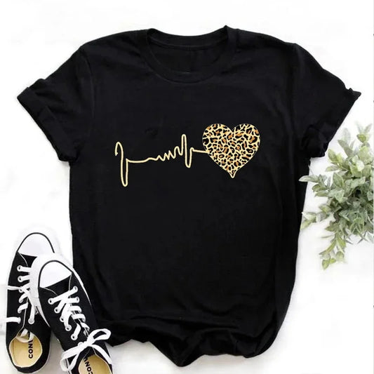 Hot New 90 's Leopard Heartbeat Print T-Shirt Women Summer Causal