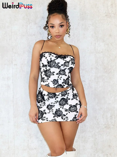 Weird Puss Flower Print Women 2 Piece Set Elegant Summer Trend Lace