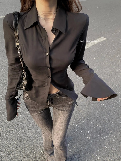 Women Sexy Solid Color Slim Chiffon Shirt Turn-down Collar Flare