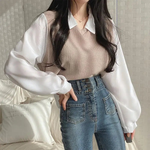 Summer Blouse Women Korean Style False Two-piece Polo Collar Blouses