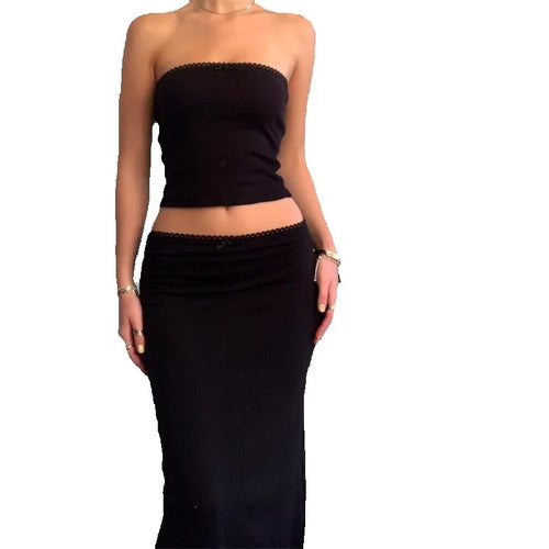 Vintage 2 Piece Long Skirt Sets Women Cute Spaghetti Strap Crop Cami