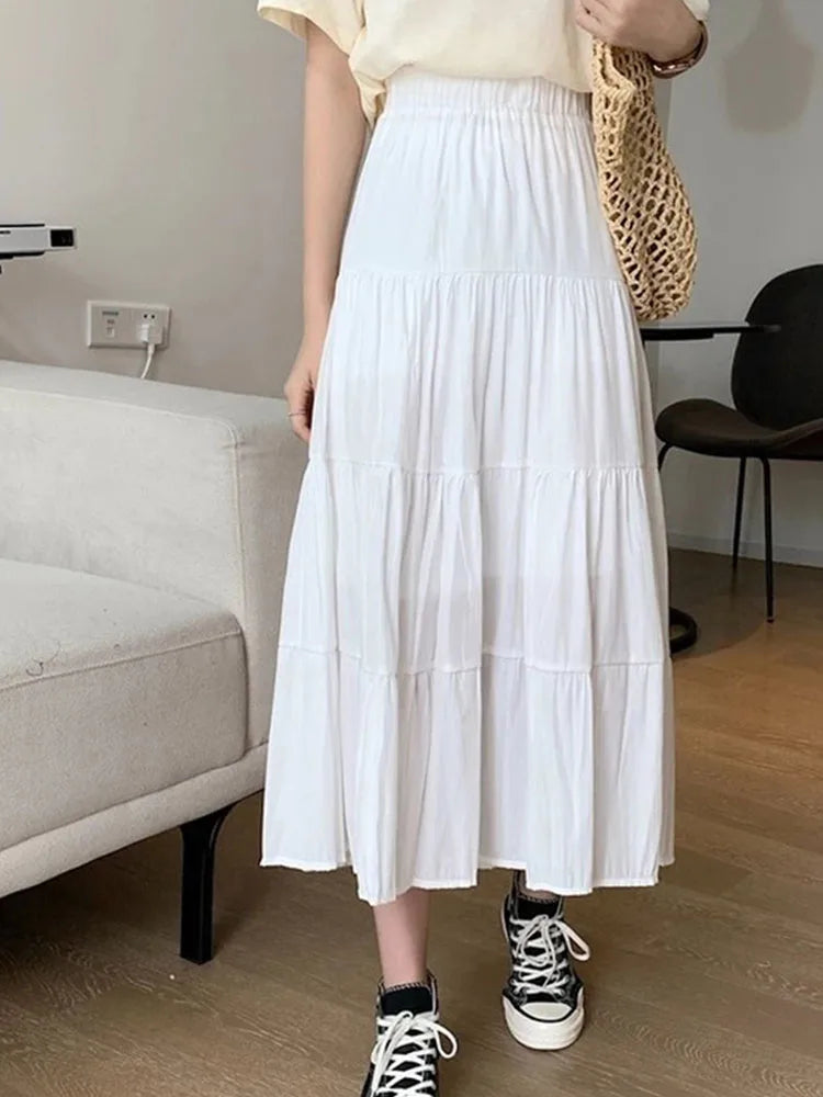 Spring Summer Women Chiffon Skirts Vintage High Waist Elastic