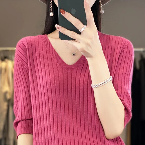 Women Sweater Short Sleeve V-neck Stripe Knitwears Slim Fit Shirt