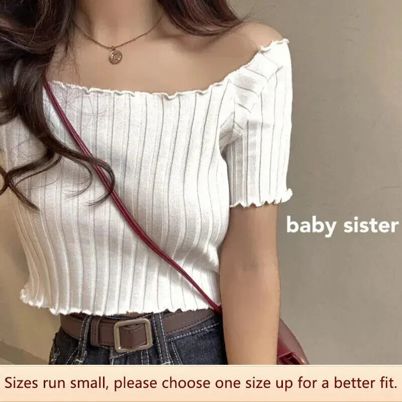 1pc Summer Korea Design Sexy Style Off Shoulder Shirt Fashion Solid