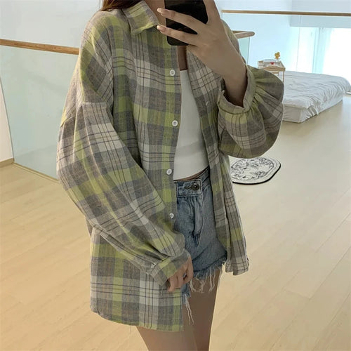 Plaid Shirt Women Autumn Long Sleeve Top Female Vintage Fashion Single