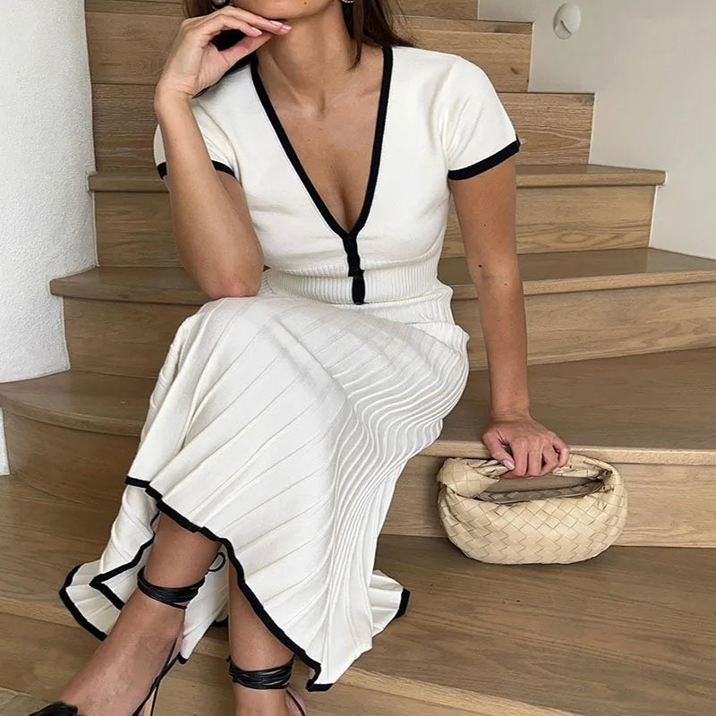 2024 Summer Women White long Skirt Suit Short Sleeve V-neck crop top