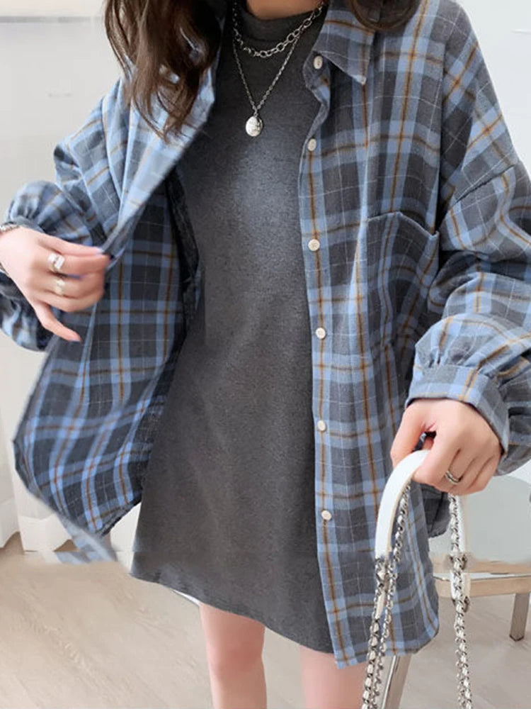 JMPRS Fashion Plaid Women Shirt Fashion Korean Oversize Tops Harajuku