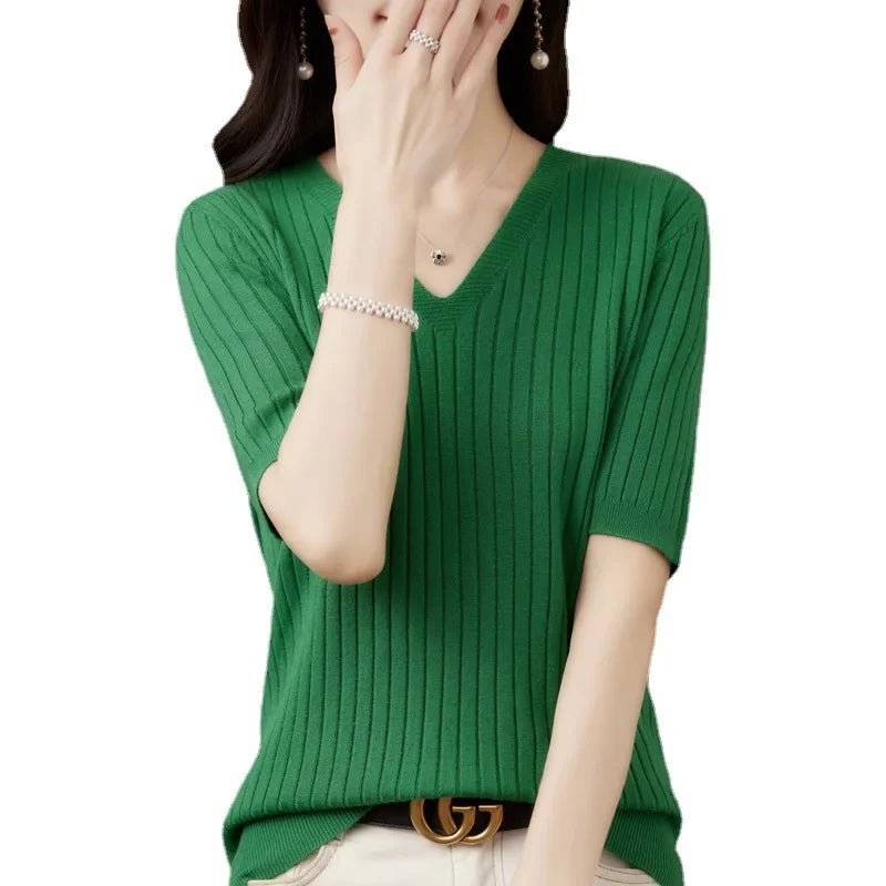 Women Sweater Short Sleeve V-neck Stripe Knitwears Slim Fit Shirt