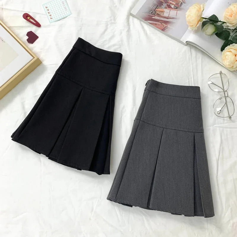 Vintage Gray Pleated Skirt Women Kawaii High Waist Mini Skirts Korean