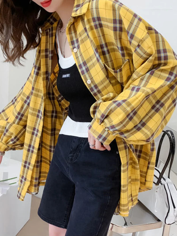 JMPRS Fashion Plaid Women Shirt Fashion Korean Oversize Tops Harajuku