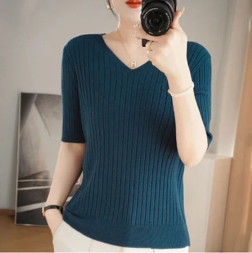 Women Sweater Short Sleeve V-neck Stripe Knitwears Slim Fit Shirt