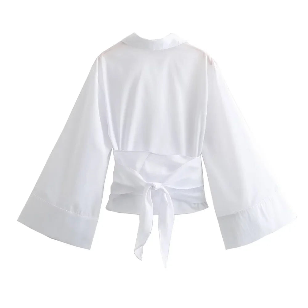 Women's Long Sleeve Kimono Blouses With Bow Tie, Casual Polo Neck,