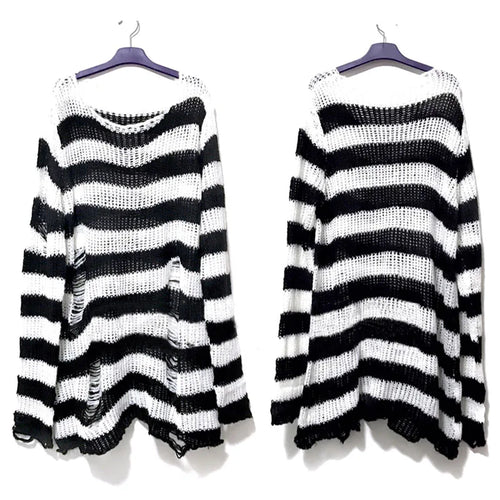 New Punk Gothic Long Unisex Sweater Summer Women Striped Cool Hollow