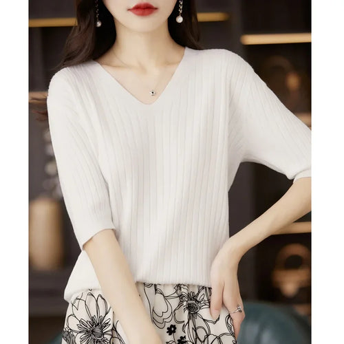 Women Sweater Short Sleeve V-neck Stripe Knitwears Slim Fit Shirt