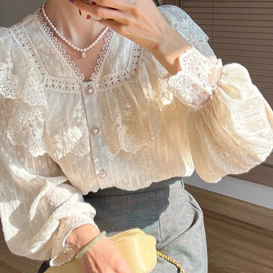 Vintage French Women Shirts Lace Lolita Elegant Long Sleeve Flounce