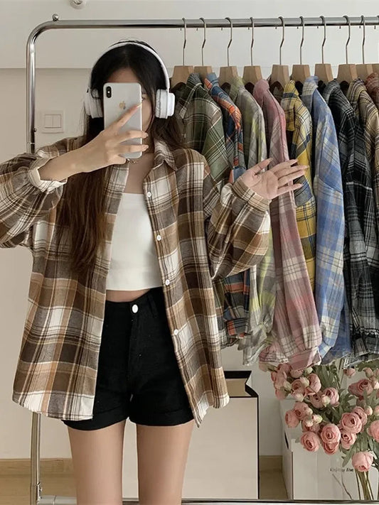 Plaid Shirt Women Autumn Long Sleeve Top Female Vintage Fashion Single