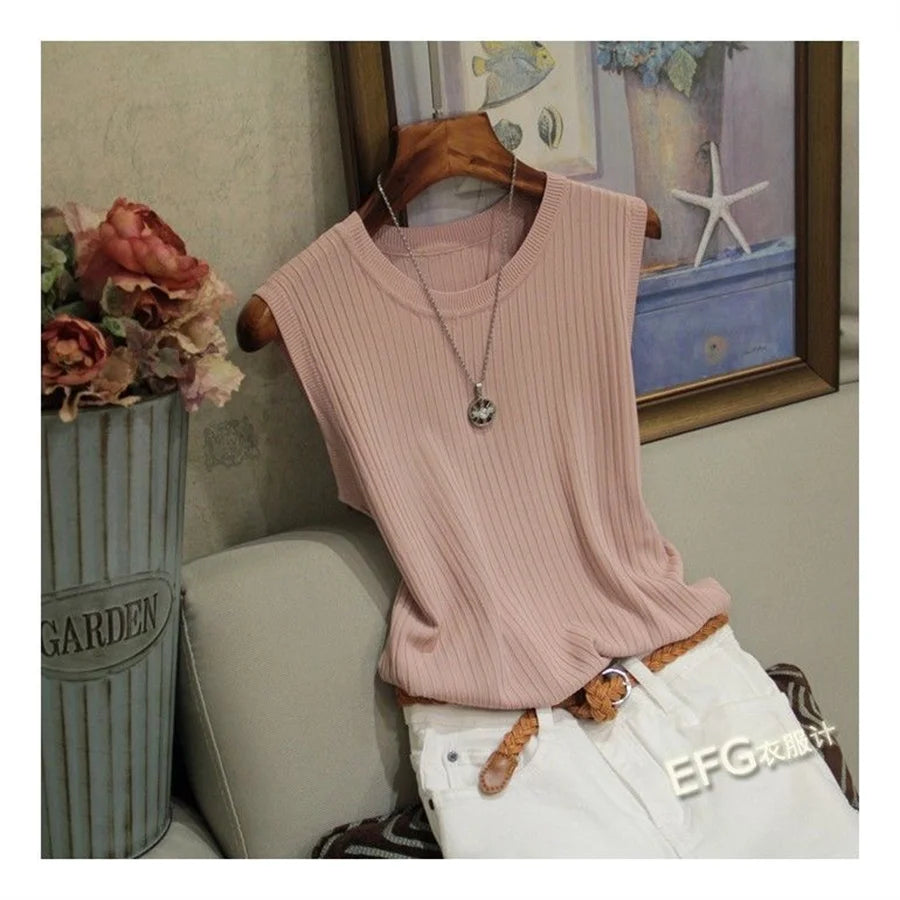 Summer Sleeveless Blouse Women O-neck Knitted Blouse Shirt Women