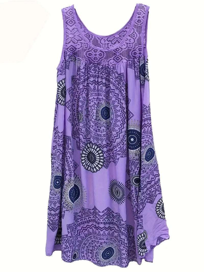 Plus Size 1XL-8XL Women's Sleeveless Dress Lace Panel Printing