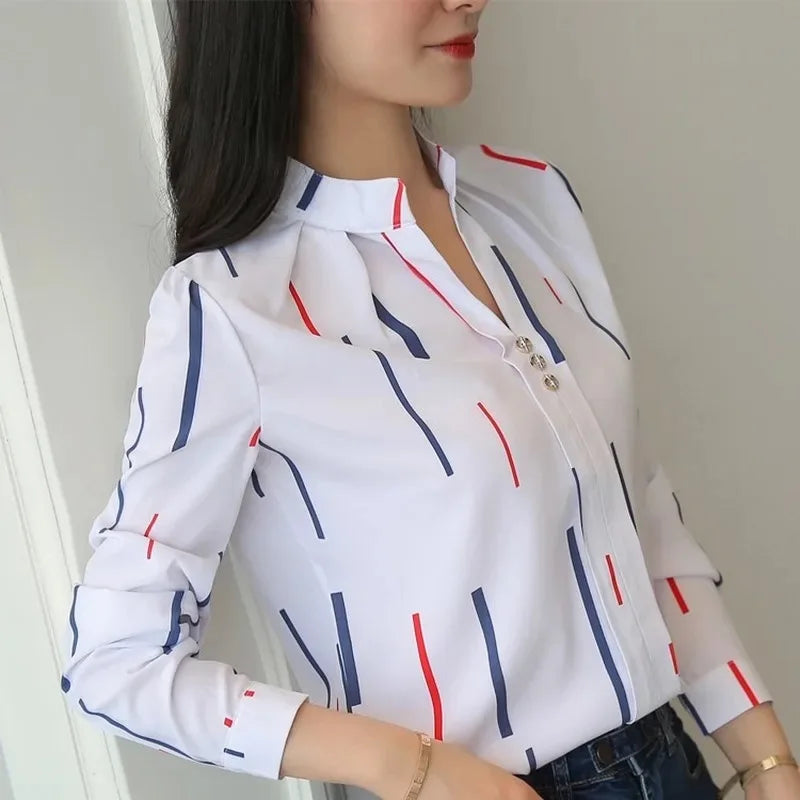 Women White Tops Blouses Fashion Stripe Print Casual Long Sleeve