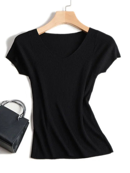 Pullover knitted Short Sleeve knitted Sweater Women Spring Summer Slim