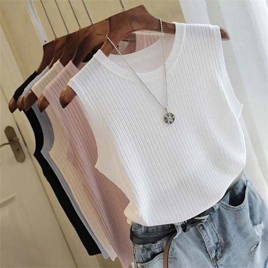 Summer Sleeveless Blouse Women O-neck Knitted Blouse Shirt Women