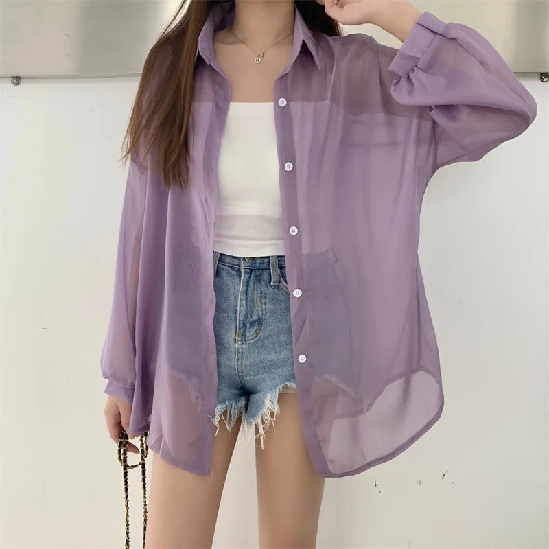 Semi Sheer Long Sleeve Shirt for Women Shimmer Button Down Collared