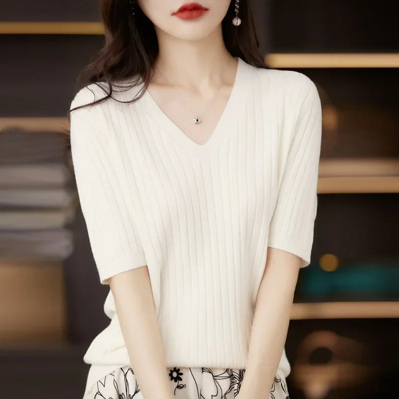 Women Sweater Short Sleeve V-neck Stripe Knitwears Slim Fit Shirt