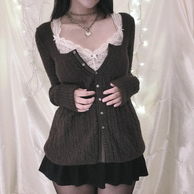 00s Aesthetic Kawaii Knitwear T-shirt Women Clothes Coquette Grunge